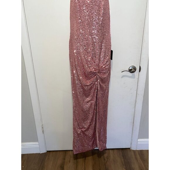 NWT Leena for Mac Duggal Pink Sequined Halter Strap Low Side Knot Gown Size 8 - Picture 6 of 16